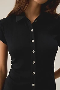 Kimchi Blue Dakota Pointelle Knit Short Sleeve Polo Top