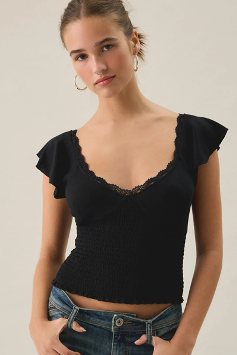 Kimchi Blue Only You Flutter Sleeve Lace Trim Pointelle Tee