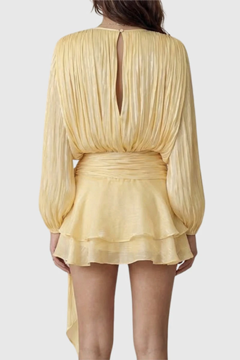 Modenaire Pleated Long Sleeve Tie Waist Mini Dress