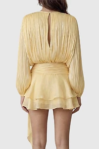 Modenaire Pleated Long Sleeve Tie Waist Mini Dress