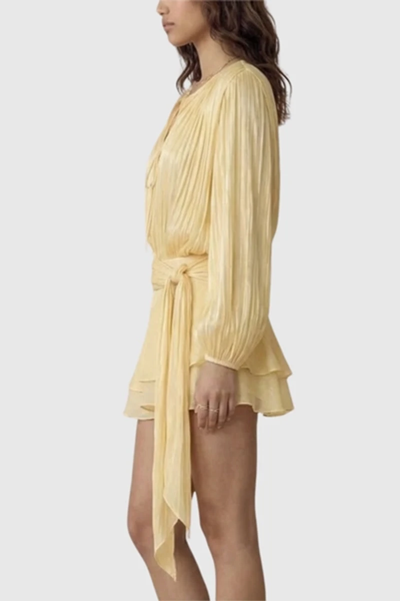Modenaire Pleated Long Sleeve Tie Waist Mini Dress
