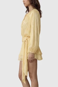 Modenaire Pleated Long Sleeve Tie Waist Mini Dress