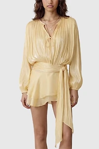 Modenaire Pleated Long Sleeve Tie Waist Mini Dress