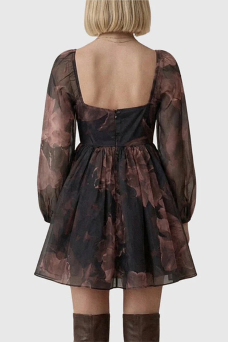 Modenaire Long Puff Sleeve Floral Mini Dress
