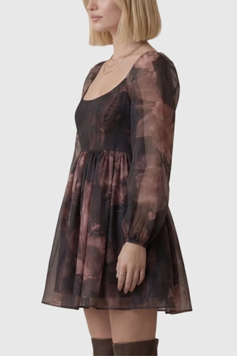 Modenaire Long Puff Sleeve Floral Mini Dress