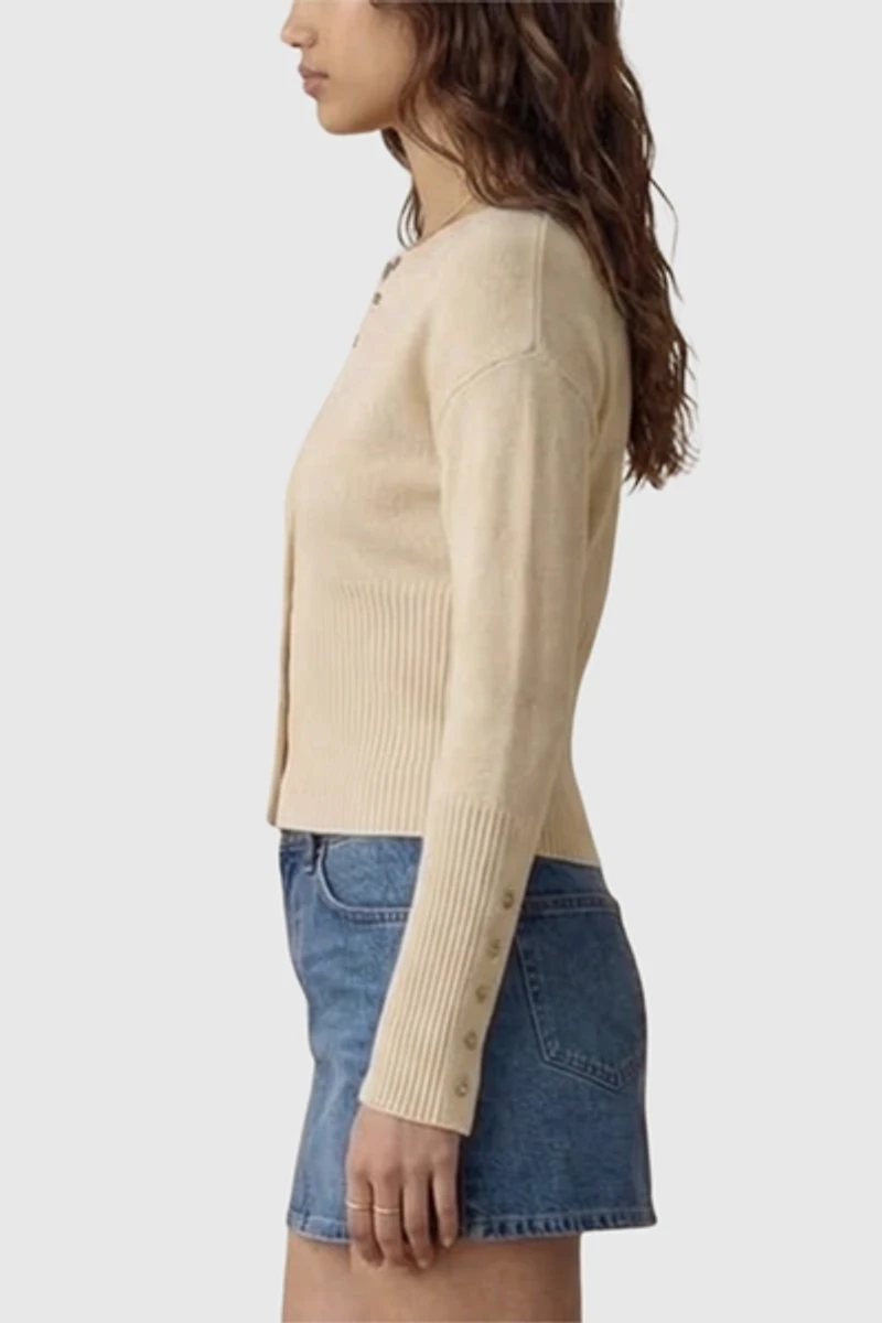 Modenaire Fitted Ribbed Cardigan With Pearlized Buttons and Elongated Cuffs
