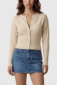 Modenaire Fitted Ribbed Cardigan With Pearlized Buttons and Elongated Cuffs