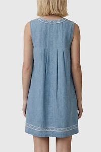 Modenaire Sleeveless Embroidered Trim And Tie Front Mini Dress