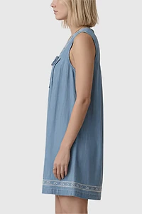 Modenaire Sleeveless Embroidered Trim And Tie Front Mini Dress