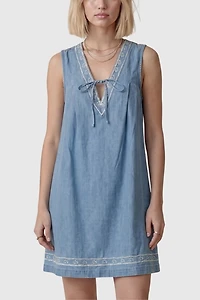 Modenaire Sleeveless Embroidered Trim And Tie Front Mini Dress