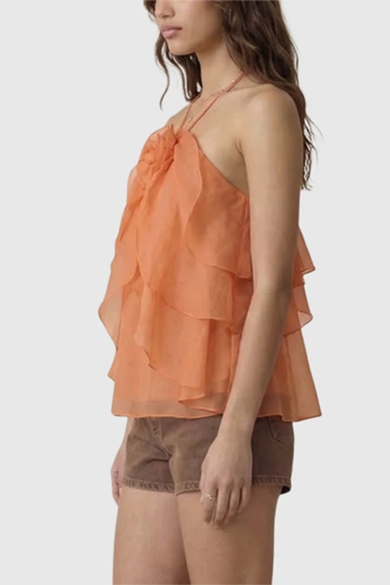 Modenaire Halter Floral Applique Ruffle Top