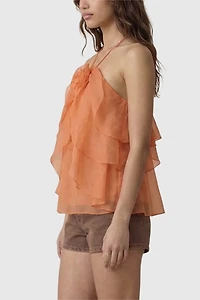 Modenaire Halter Floral Applique Ruffle Top