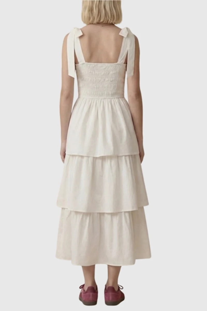 Modenaire Tiered Smocked Bow-Tie Shoulder Midi Dress