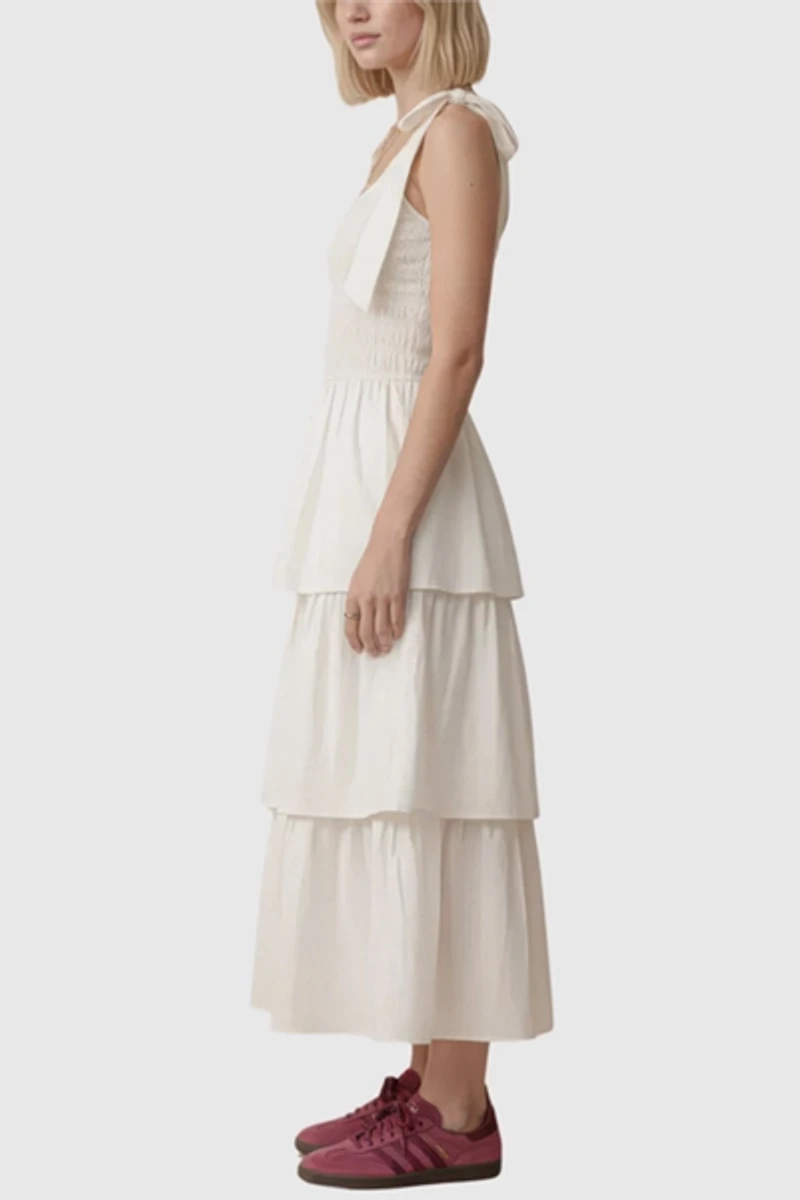 Modenaire Tiered Smocked Bow-Tie Shoulder Midi Dress