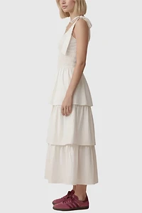 Modenaire Tiered Smocked Bow-Tie Shoulder Midi Dress