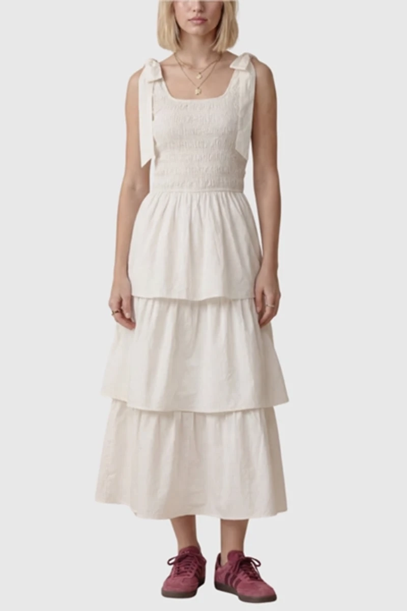 Modenaire Tiered Smocked Bow-Tie Shoulder Midi Dress