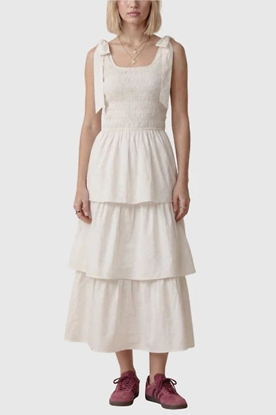 Modenaire Tiered Smocked Bow-Tie Shoulder Midi Dress