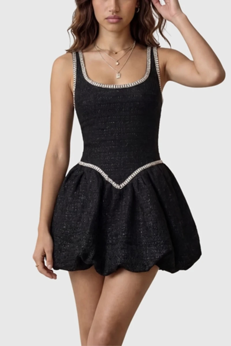 Modenaire Embellished Scoop Neck Mini Dress With Bubble Hem