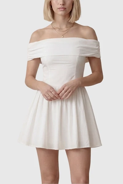 Modenaire Off-Shoulder Ruched Bodice Flowy Mini Dress