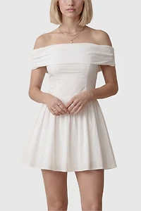 Modenaire Off-Shoulder Ruched Bodice Flowy Mini Dress