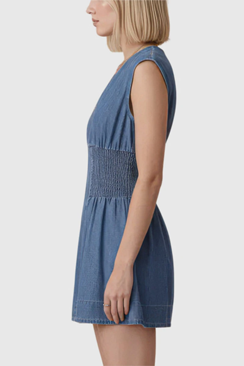 Modenaire Cap Sleeve Smocked Waist Mini Dress With Front Zip Closure