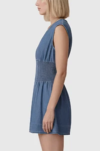 Modenaire Cap Sleeve Smocked Waist Mini Dress With Front Zip Closure