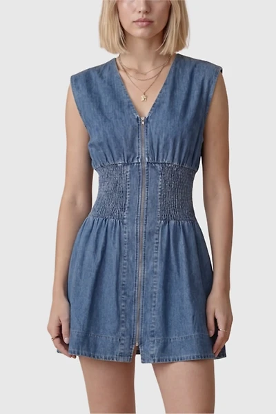 Modenaire Cap Sleeve Smocked Waist Mini Dress With Front Zip Closure