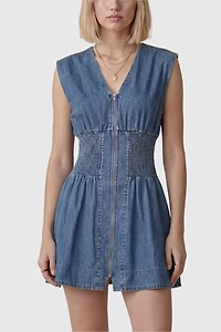 Modenaire Cap Sleeve Smocked Waist Mini Dress With Front Zip Closure