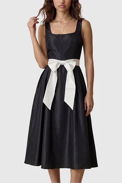 Modenaire Sleeveless Contrast Bow Waist Detail Midi Dress