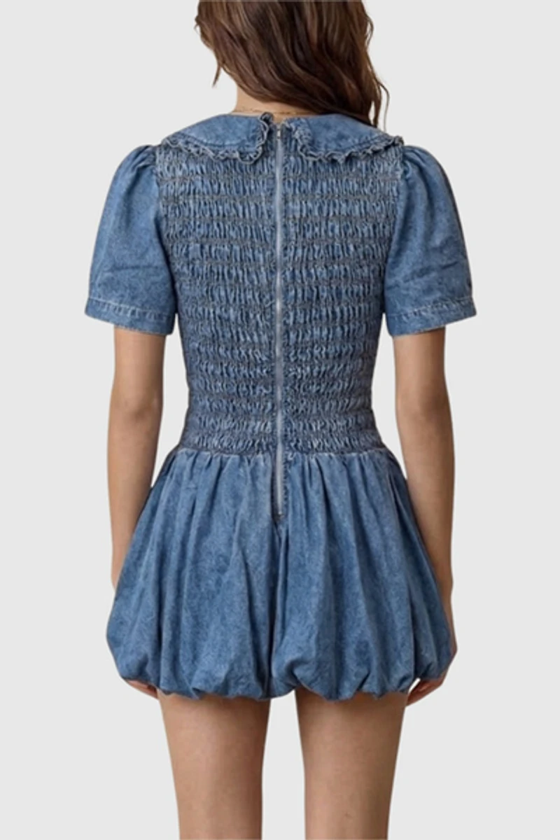 Modenaire Smocked Mini Dress With Ruffle Collar
