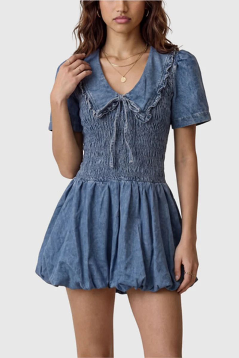 Modenaire Smocked Mini Dress With Ruffle Collar
