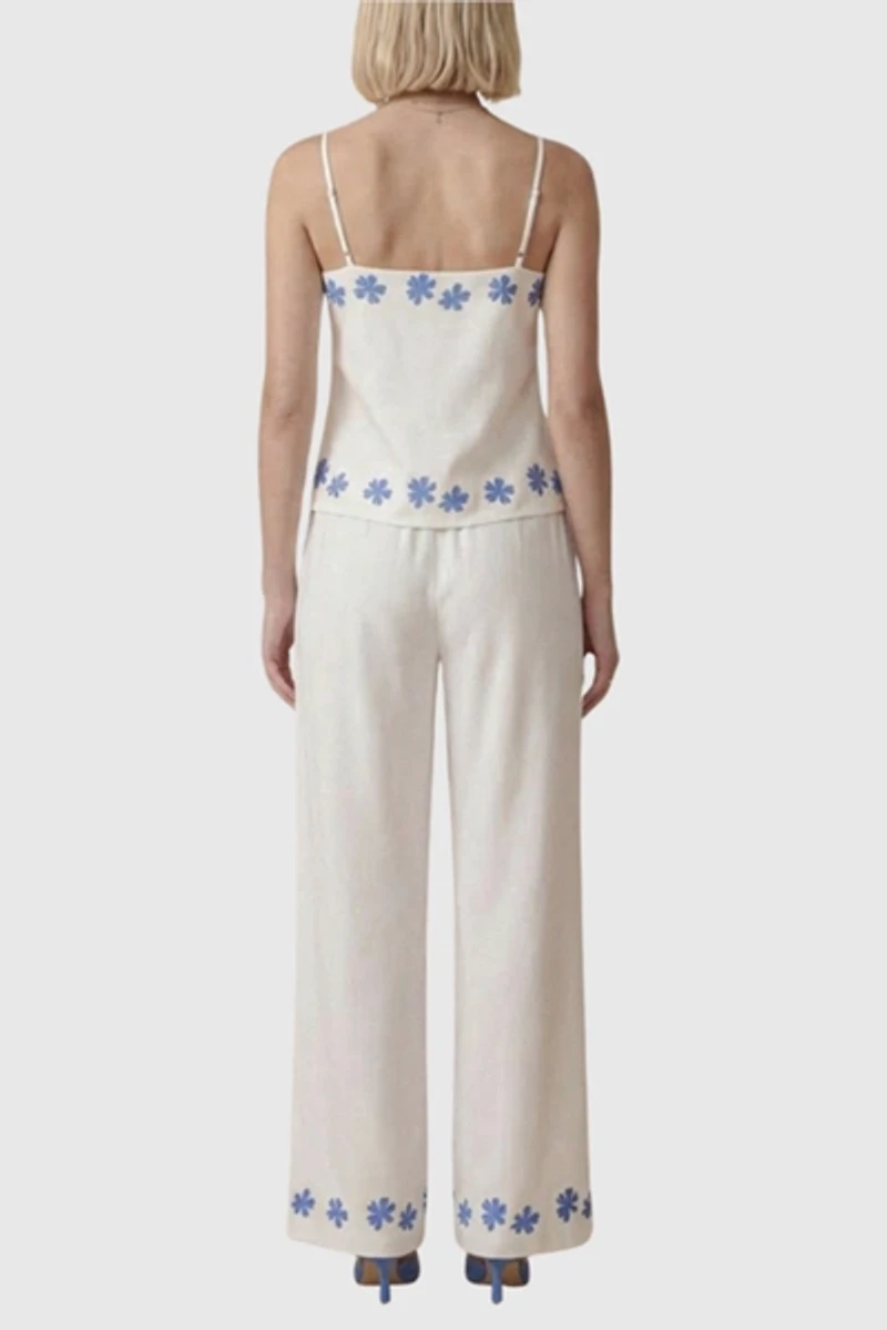 Modenaire Floral Embroidered Two-Piece Set with Camisole and Wide-Leg Pants