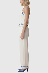 Modenaire Floral Embroidered Two-Piece Set with Camisole and Wide-Leg Pants