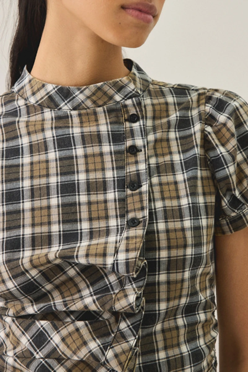 UO Cleo Check Puff Sleeve Asymmetric Button-Down Blouse