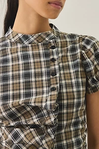 UO Cleo Check Puff Sleeve Asymmetric Button-Down Blouse