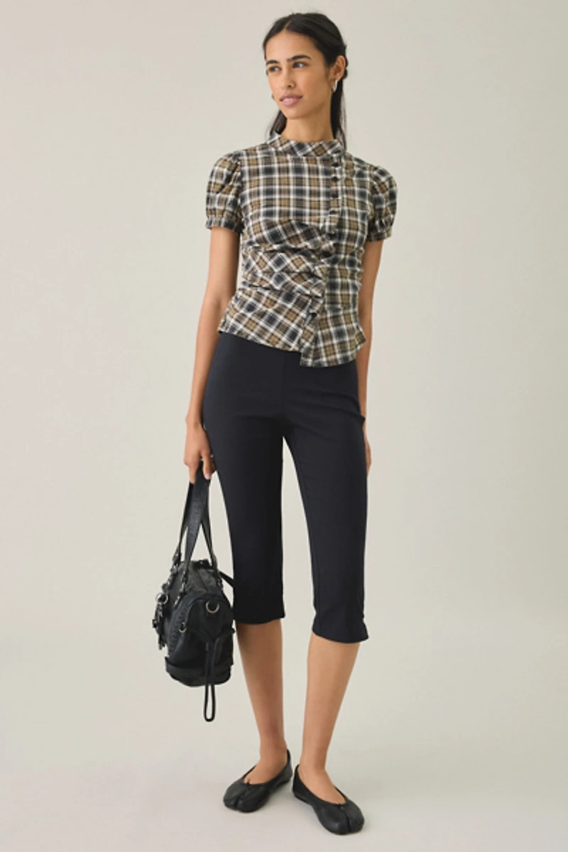UO Cleo Check Puff Sleeve Asymmetric Button-Down Blouse