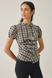 UO Cleo Check Puff Sleeve Asymmetric Button-Down Blouse
