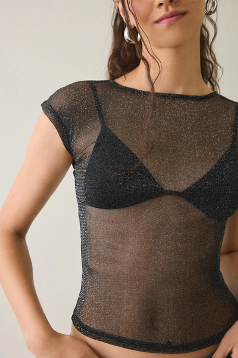 UO Rea Short Sleeve Shine Sheer Mesh Baby Tee