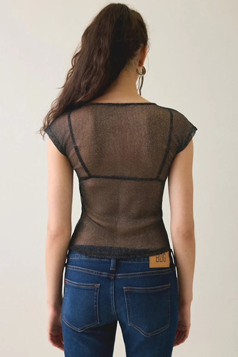 UO Rea Short Sleeve Shine Sheer Mesh Baby Tee