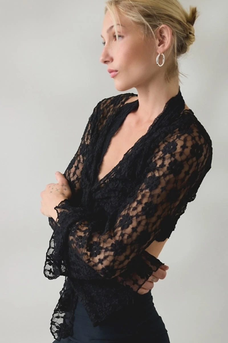 Kimchi Blue Nicki Sheer Lace Tie-Front Bell Sleeve Shrug