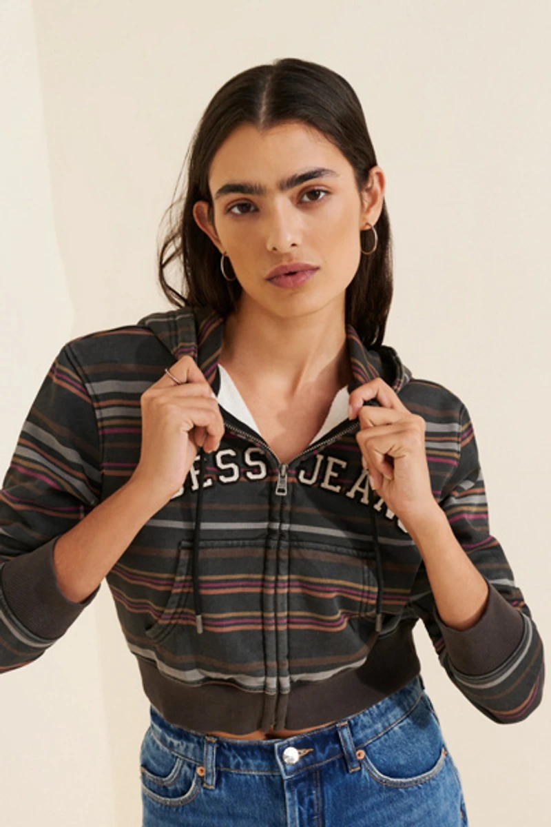 Guess Jeans Crop Full Zip Stripe Hoodie