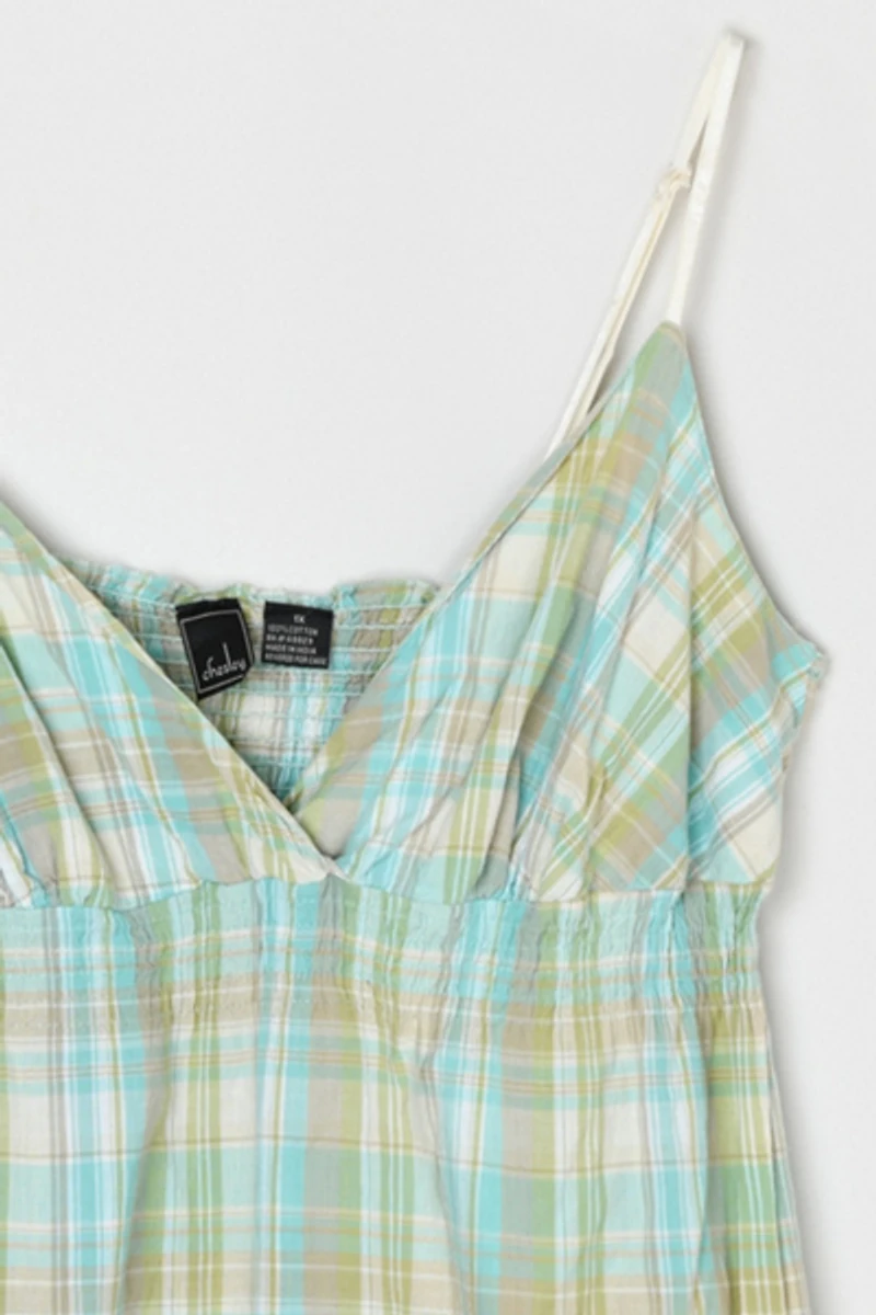 Vintage Y2k Aqua Plaid Smocked Mini Dress