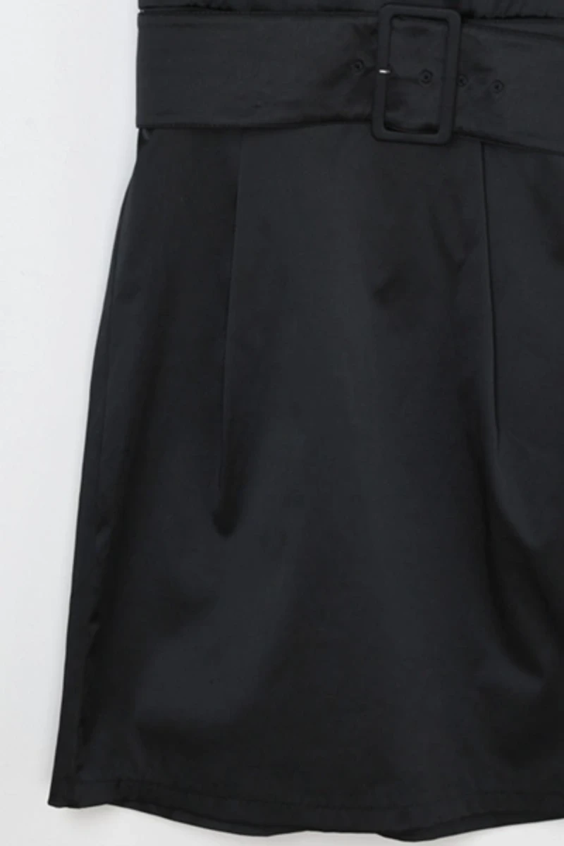 Vintage Y2k Black Satin Belted Mini Dress