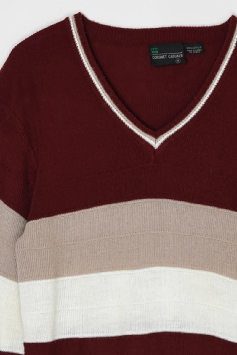 Vintage 70s Dark Red Striped V-Neck Sweater
