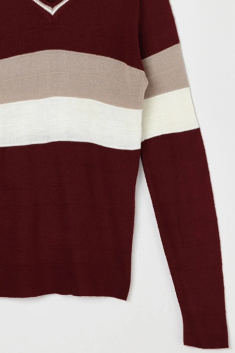 Vintage 70s Dark Red Striped V-Neck Sweater