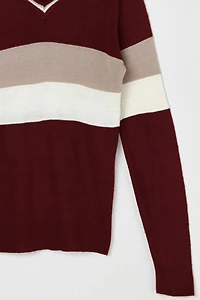 Vintage 70s Dark Red Striped V-Neck Sweater