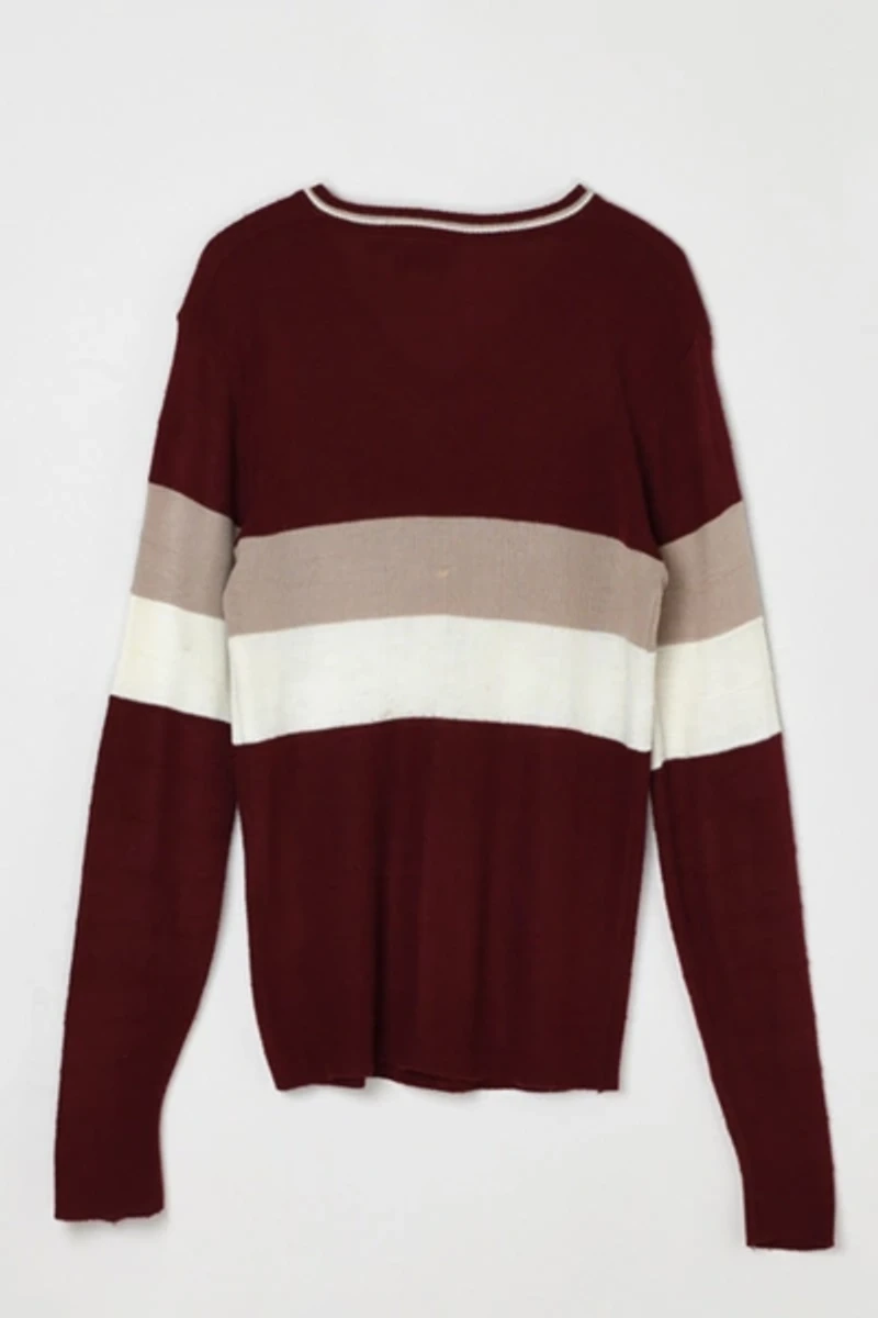 Vintage 70s Dark Red Striped V-Neck Sweater