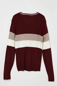 Vintage 70s Dark Red Striped V-Neck Sweater