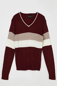 Vintage 70s Dark Red Striped V-Neck Sweater