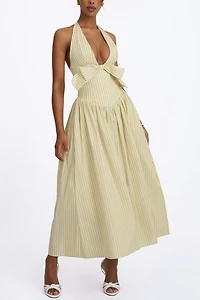 Miss Circle Talise Cotton Poplin Stripe Plunging Halter Maxi Dress